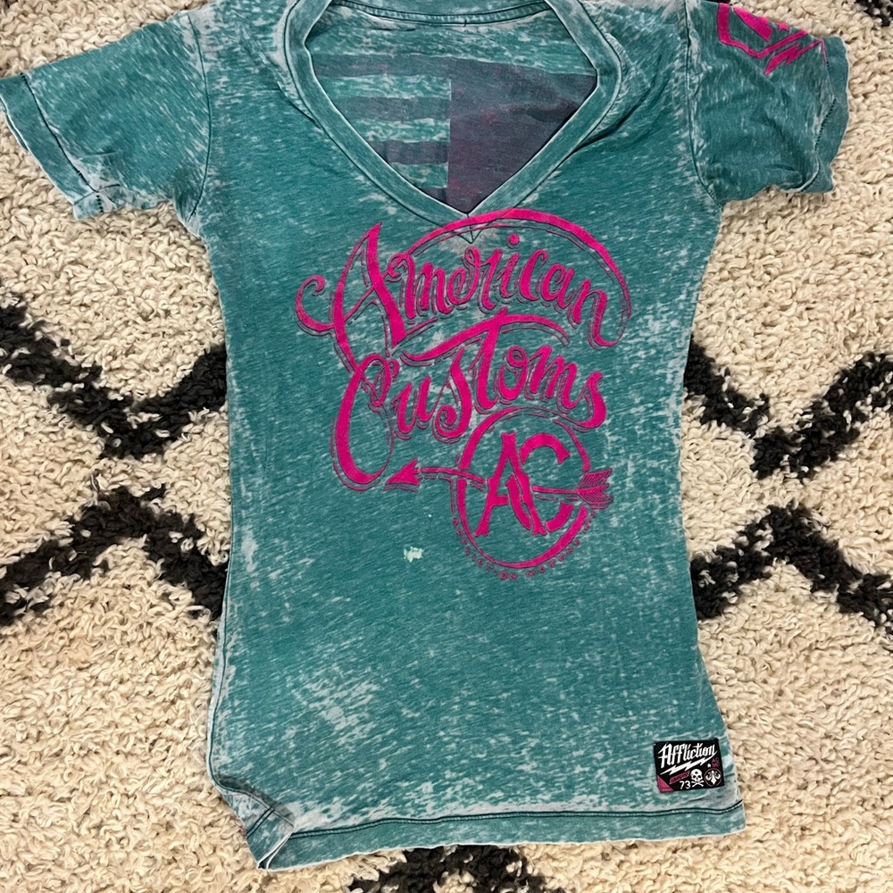 Turquoise and Pink Y2K Affliction T-shirt